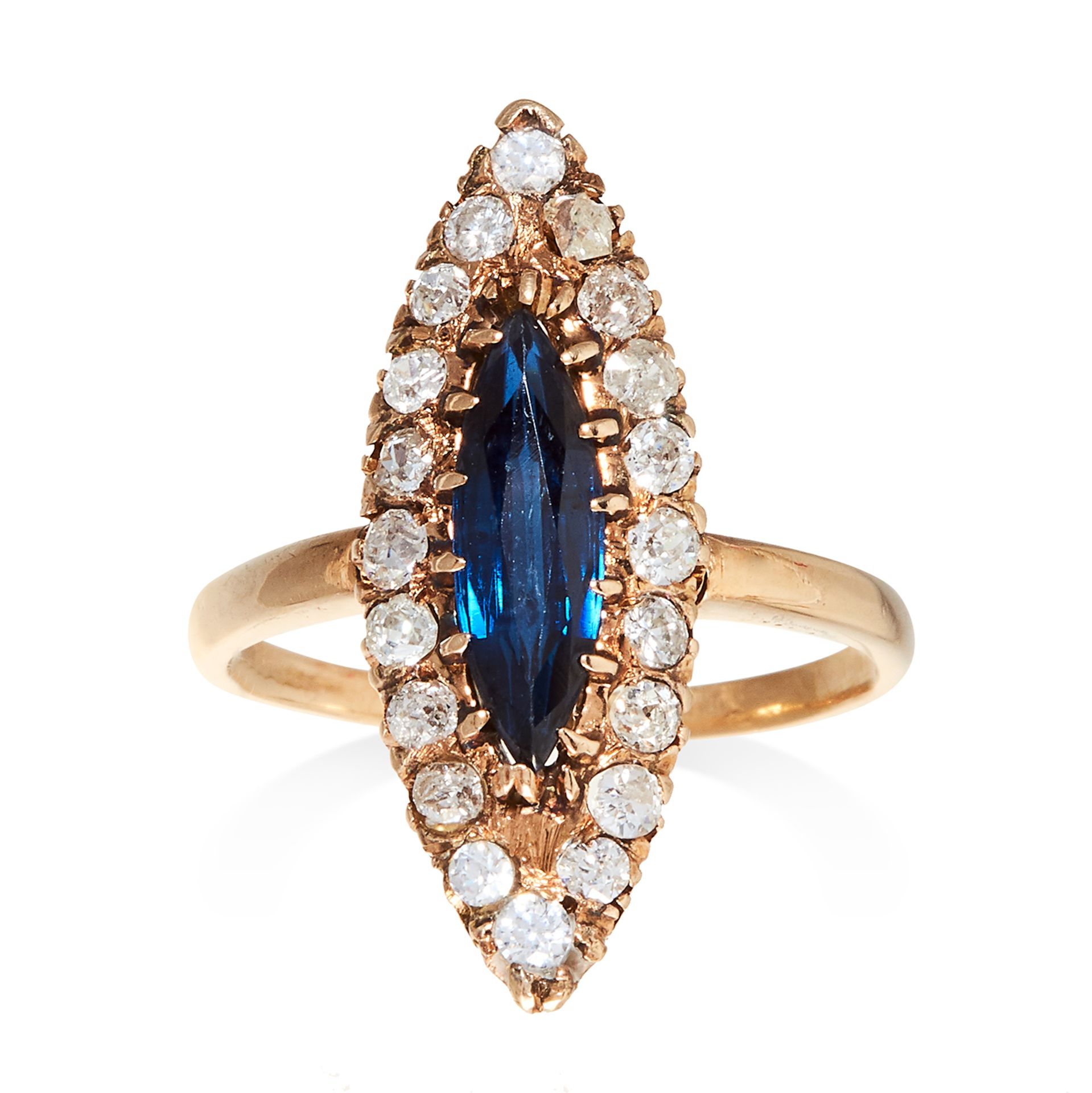 A SAPPHIRE AND DIAMOND DRESS RING, VICTORIAN in yellow gold, set with a marquise cut sapphire in a