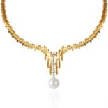 A PEARL AND DIAMOND NECKLACE, ITALIAN in 18ct yellow gold, in abstract design jewelled with round