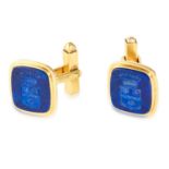 A PAIT OF ANTIQUE CARVED LAPIS LAZULI INTAGLIO SEAL CUFFLINKS in high carat yellow gold, the rounded