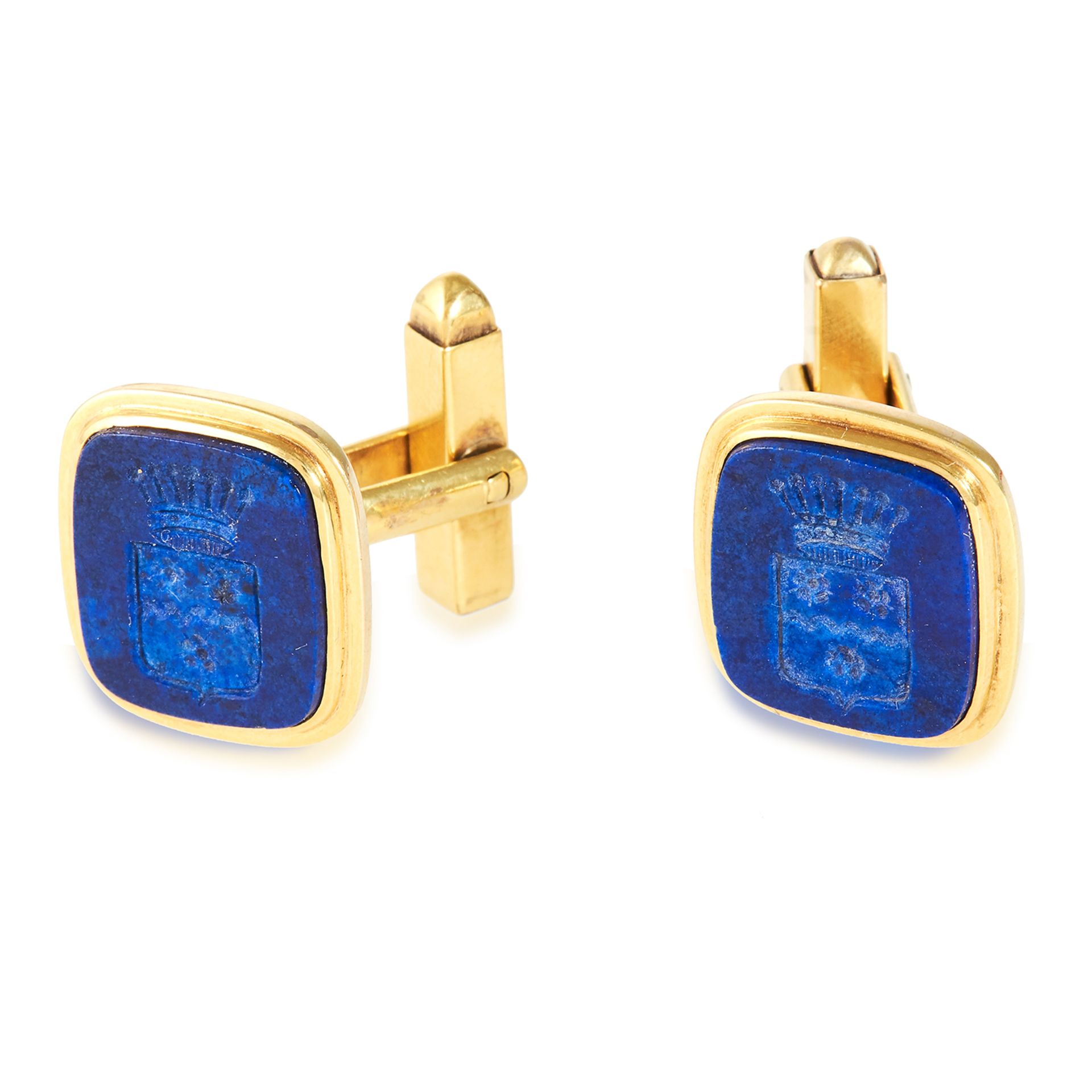 A PAIT OF ANTIQUE CARVED LAPIS LAZULI INTAGLIO SEAL CUFFLINKS in high carat yellow gold, the rounded