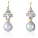 A PAIR OF ART DECO PEARL AND DIAMOND EARRINGS in 18ct gold and platinum, each suspending a drop