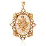 A DIAMOND AND PEARL PENDANT in yellow gold, comprising of scrolling and foliate motif, jewelled with