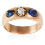 TWO RUSSIAN RUBY AND DIAMOND AND SAPPHIRE AND DIAMOND RINGS in yellow gold, one jewelled with a