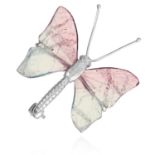 A TOURMALINE AND DIAMOND BUTTERFLY BROOCH in 18ct white gold, depicting a butterfly with carved