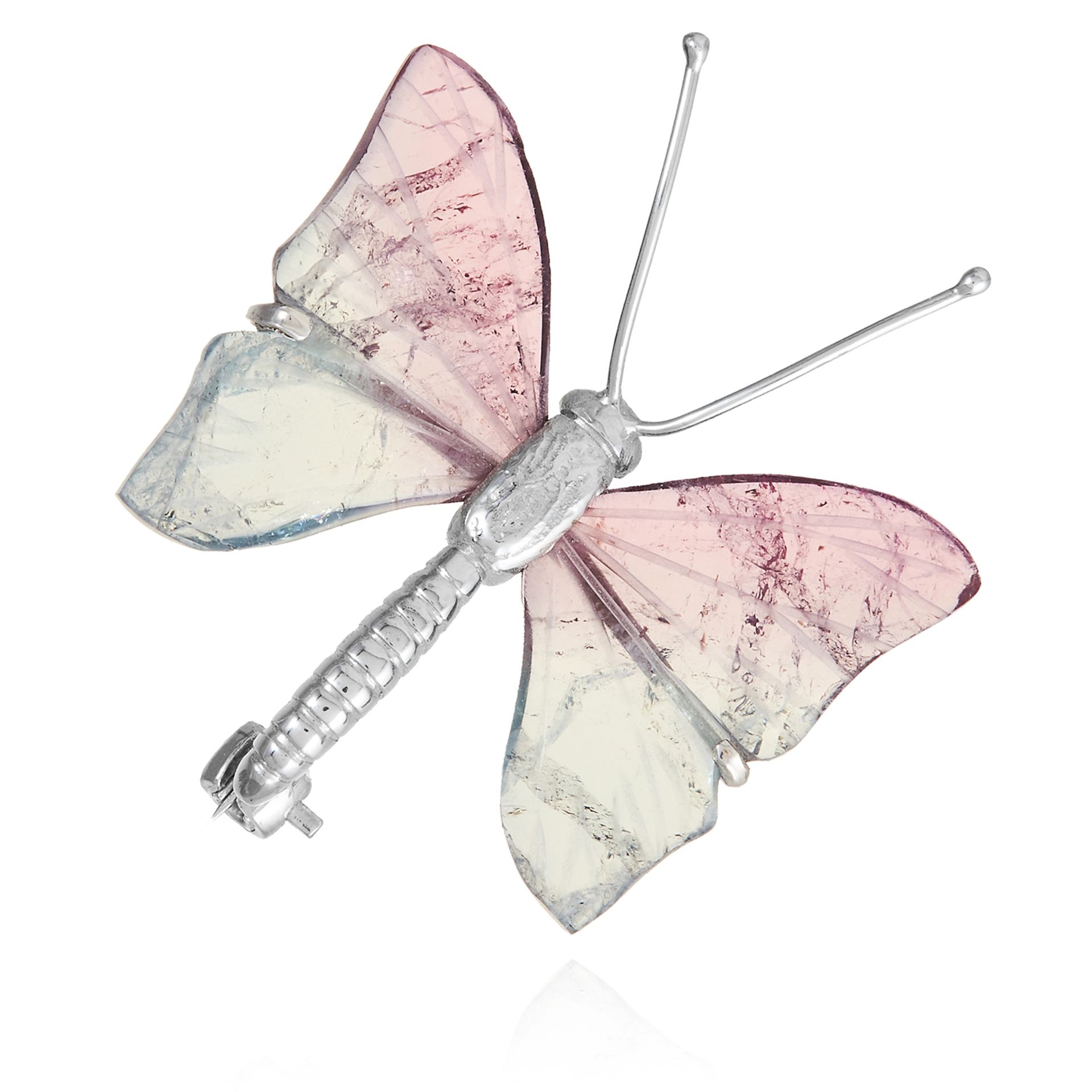 A TOURMALINE AND DIAMOND BUTTERFLY BROOCH in 18ct white gold, depicting a butterfly with carved