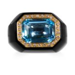 AN ONYX, TOPAZ AND DIAMOND RING in 18ct yellow gold, consisting of a carved onyx ring jewelled