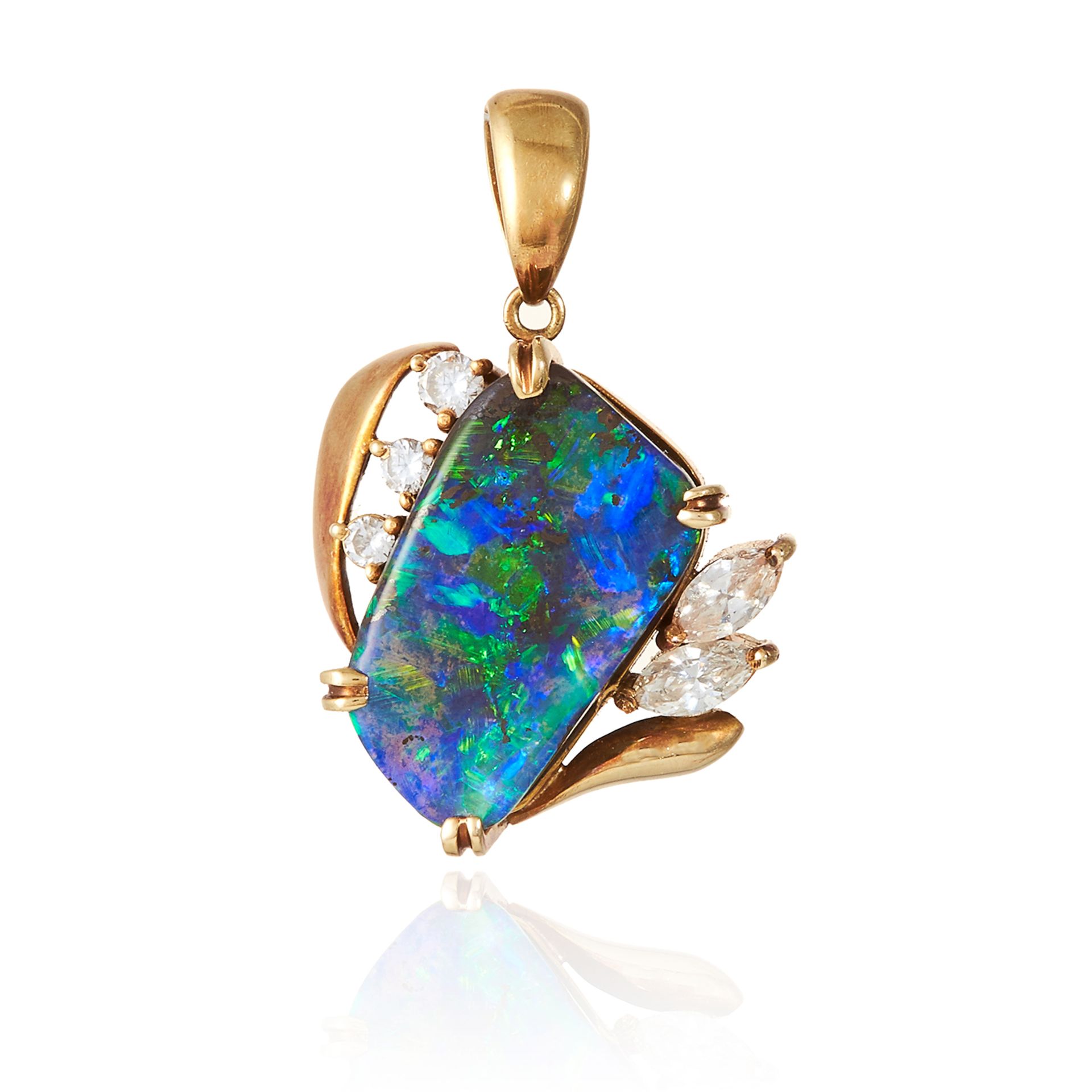 A 5.16 CARAT BLACK OPAL AND DIAMOND PENDANT in high carat yellow gold, the organic rectangular