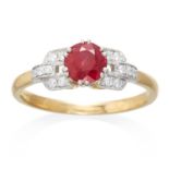 A RUBY AND DIAMOND RING in 18ct yellow gold, set with a round cut ruby of 1.10 carats, bordered by