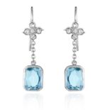 A PAIR OF AQUAMARINE AND DIAMOND EARRINGS in 18ct white gold, the aquamarines suspended below