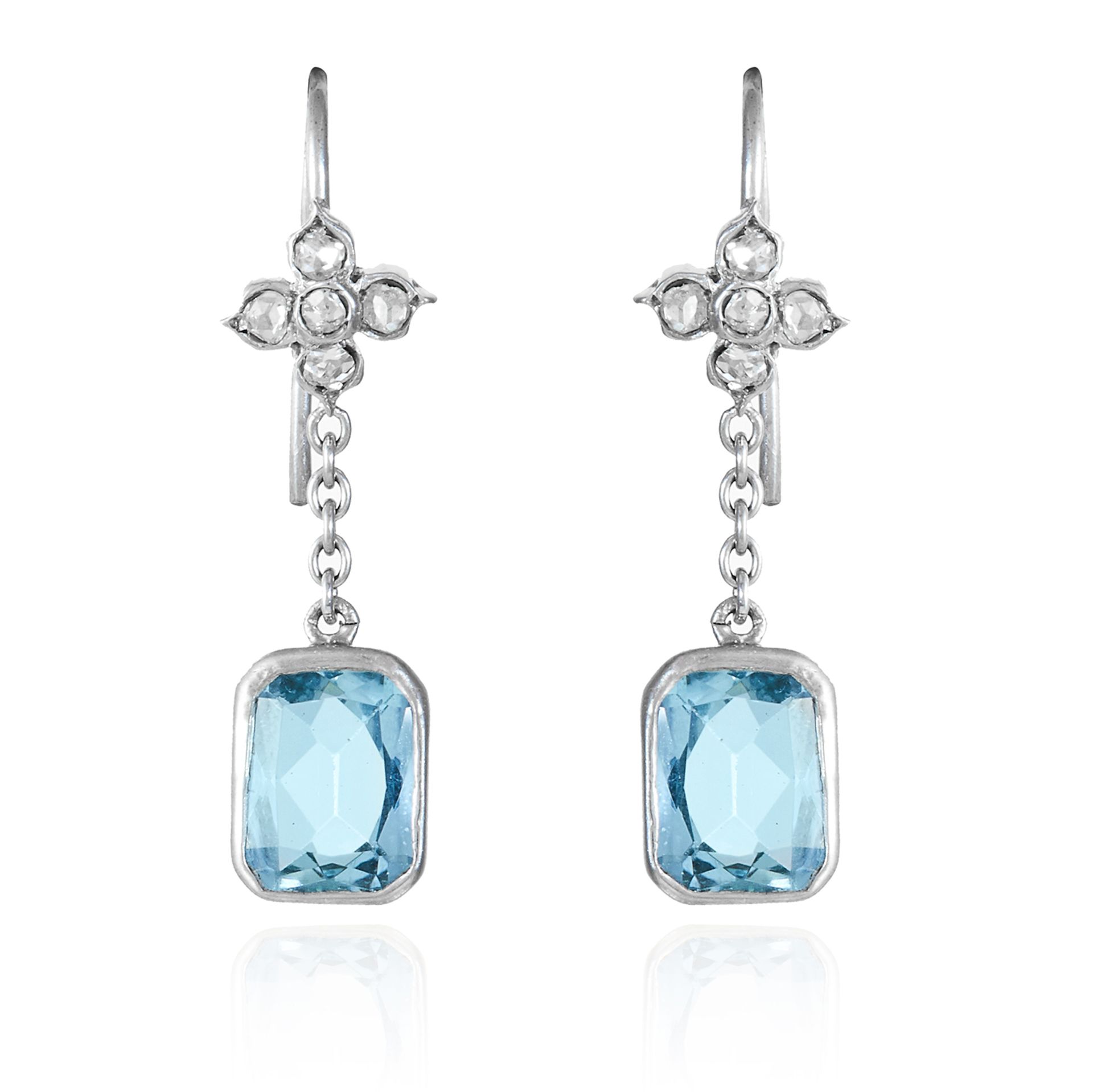 A PAIR OF AQUAMARINE AND DIAMOND EARRINGS in 18ct white gold, the aquamarines suspended below