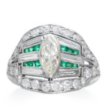 AN ART DECO EMERALD AND DIAMOND DRESS RING in platinum, comprising of a central marquise cut diamond