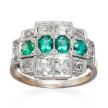 AN ANTIQUE EMERALD AND DIAMOND RING in white gold, four oval cut emeralds accented by round and rose
