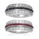 A SAPPHIRE, RUBY AND DIAMOND REVERSIBLE RING in platinum or white gold, the central band half set