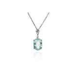 AN AQUAMARINE AND DIAMOND PENDANT in 18ct white gold, with five round cut diamonds suspending an