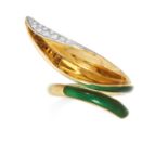 A DIAMOND AND ENAMEL LEAF RING, MOUAWAD in 18ct yellow gold, the protruding leaf motif is jewelled