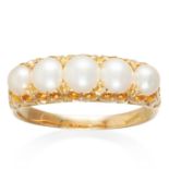 AN ANTIQUE NATURAL PEARL RING, 19TH CENTURY in 18ct yellow gold, five graduated half pearls 5mm,