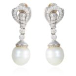 A PAIR OF PEARL AND DIAMOND DROP EARRINGS in 18ct white gold, each jewelled with round cut