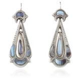 A PAIR OF ANTIQUE SCOTTISH HARDSTONE EARRINGS in silver, the tapering, articulated bodies set with