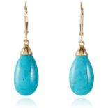 A PAIR OF TURQUOISE EARRINGS in yellow gold, comprising of a polished turquoise drop, 3.5cm, 2.5g.