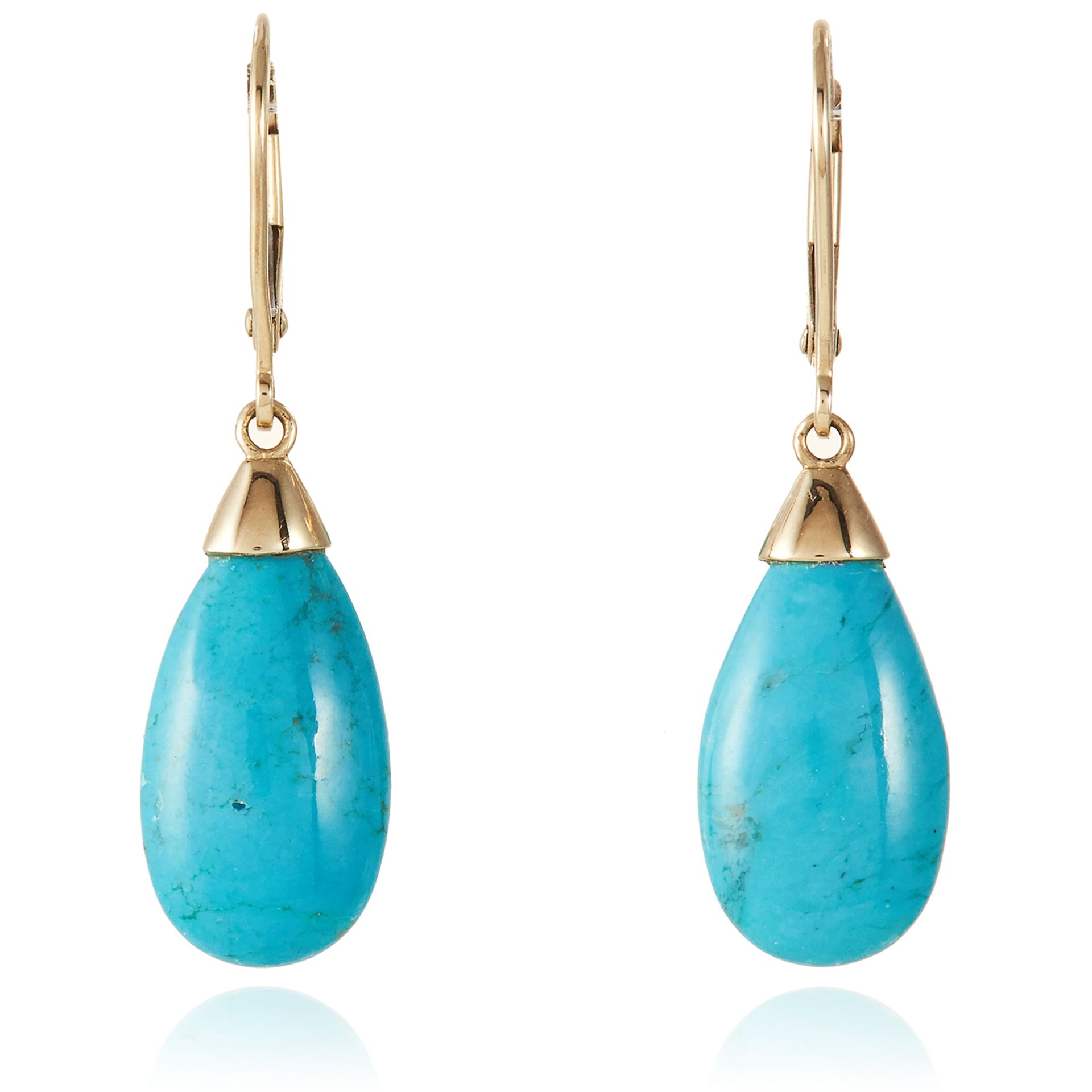 A PAIR OF TURQUOISE EARRINGS in yellow gold, comprising of a polished turquoise drop, 3.5cm, 2.5g.