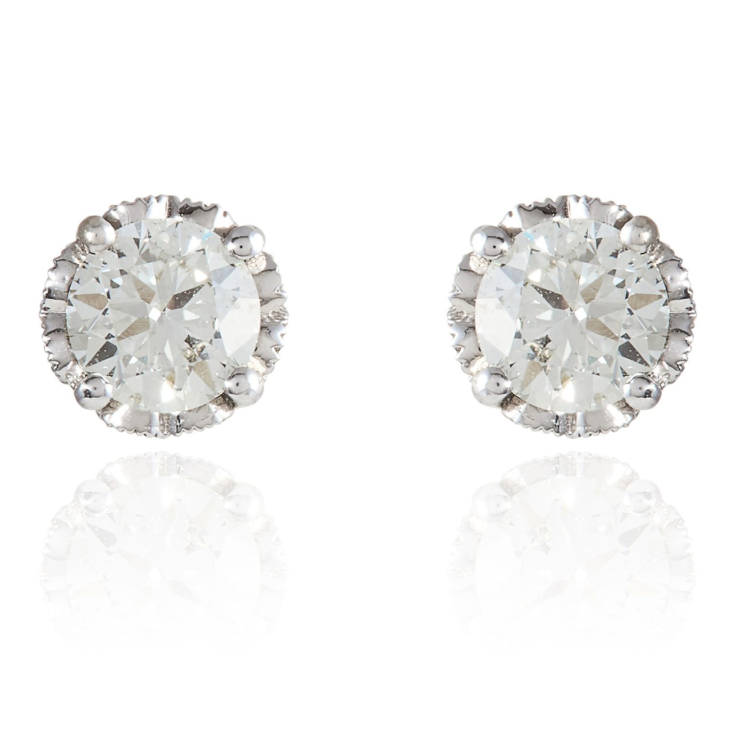 A PAIR OF DIAMOND EAR STUDS in 18ct white gold, set with round cut diamonds totalling