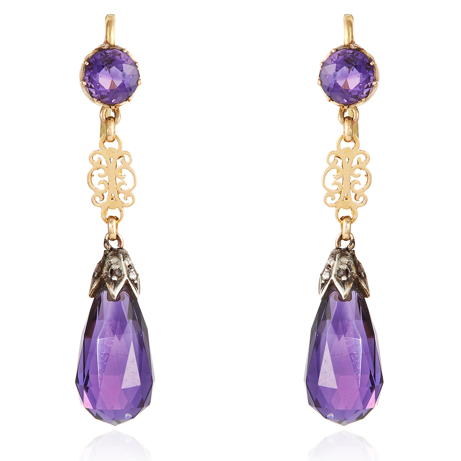 A PAIR OF ANTIQUE AMETHYST AND DIAMOND EARRINGS in yellow gold, the briolette amethysts accented
