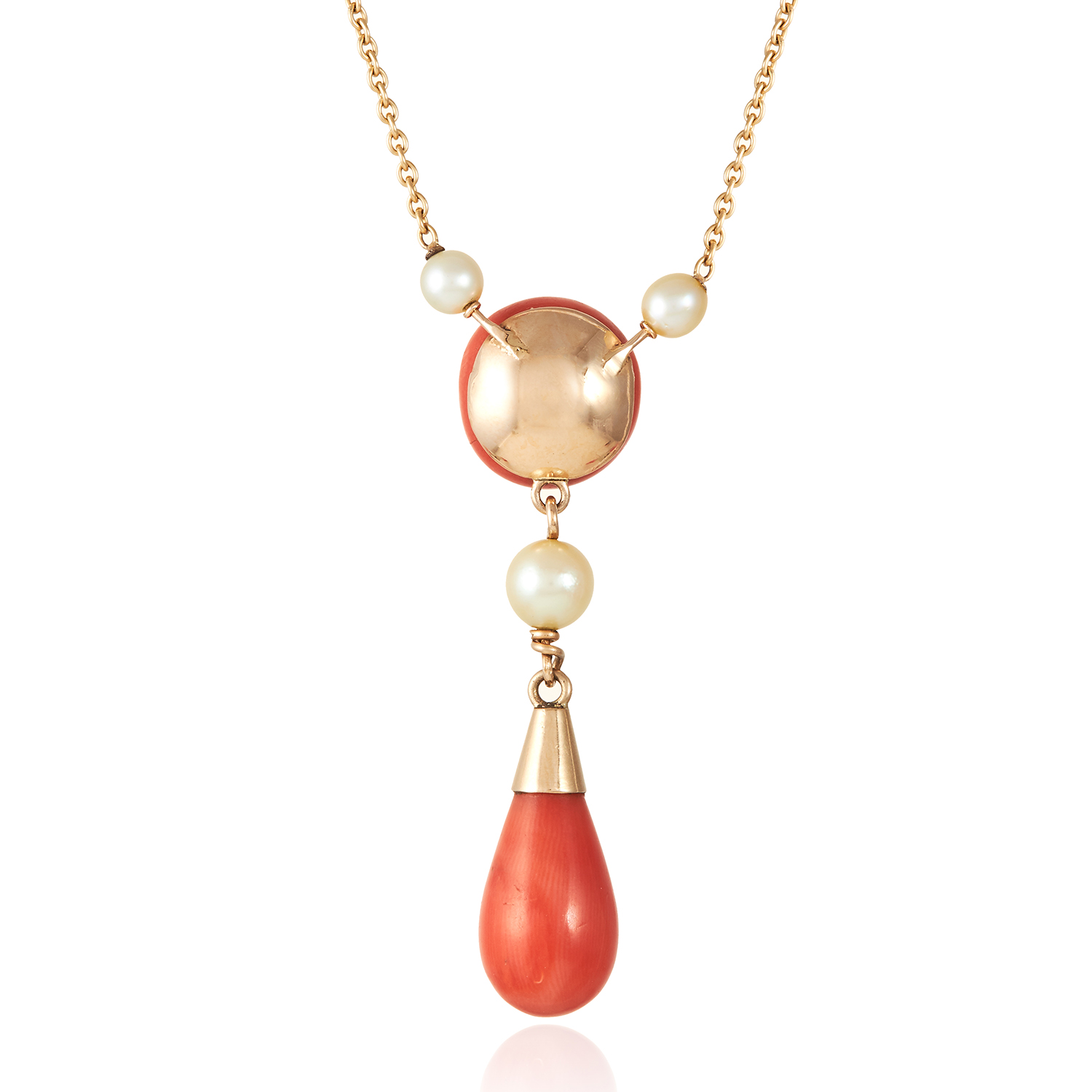 AN ANTIQUE CORAL AND PEARL NECKLACE in yellow gold, the large polished coral beads accented by