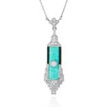 AN ART DECO DIAMOND, ONYX AND JADEITE JADE NECKLACE in platinum or white gold, the elongated