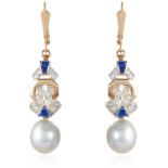 A PAIR OF ART DECO PEARL, SAPPHIRE AND DIAMOND EARRINGS in gold and platinum, suspending a pearl