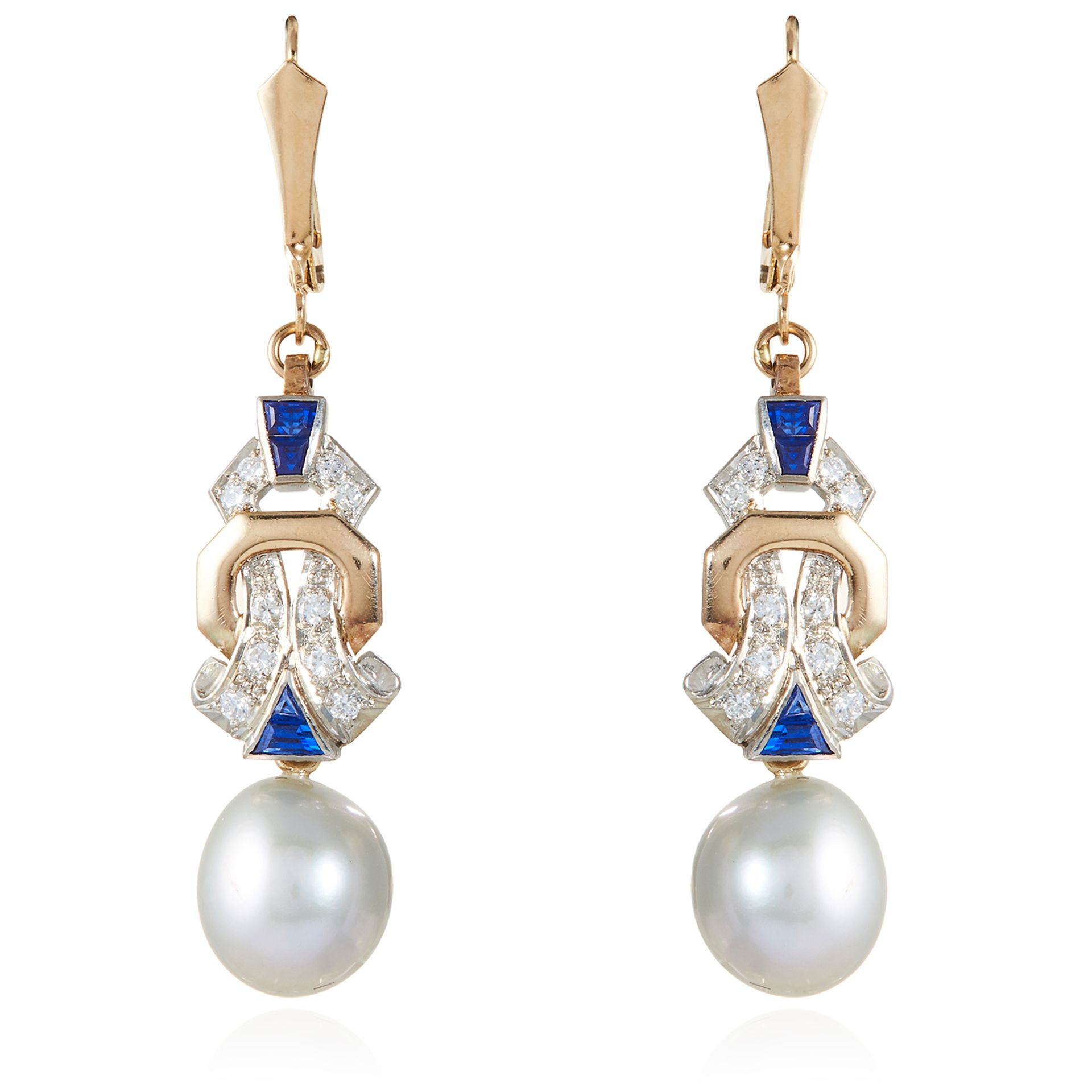 A PAIR OF ART DECO PEARL, SAPPHIRE AND DIAMOND EARRINGS in gold and platinum, suspending a pearl