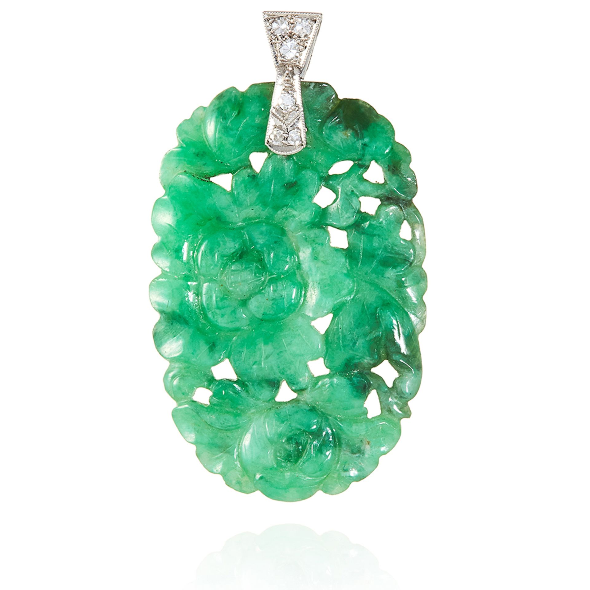 A JADEITE JADE AND DIAMOND PLAQUE PENDANT in platinum, the tapering jade plaque carved with floral
