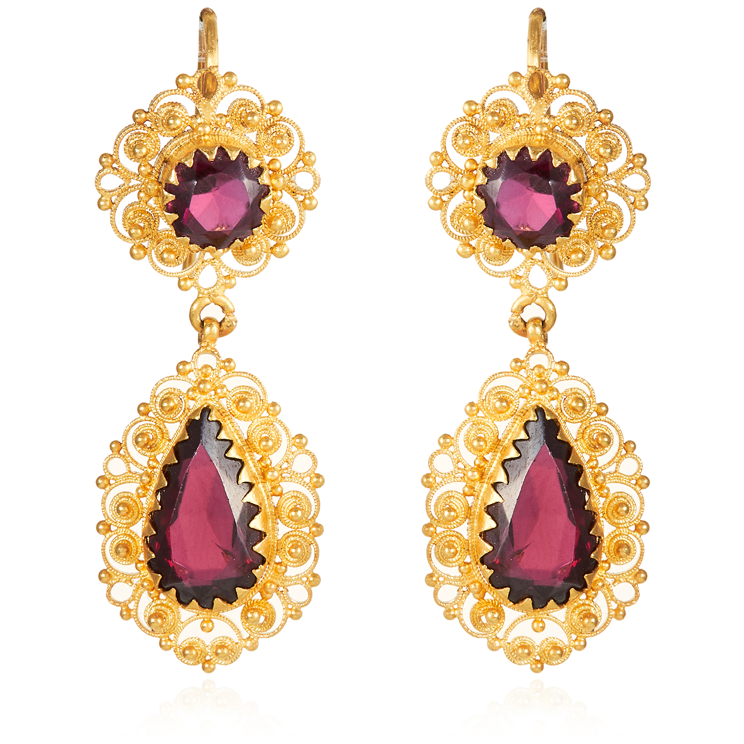 A PAIR OF ANTIQUE GARNET EARRINGS, 19TH CENTURY in high carat yellow gold, the pear and round cut