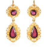 A PAIR OF ANTIQUE GARNET EARRINGS, 19TH CENTURY in high carat yellow gold, the pear and round cut