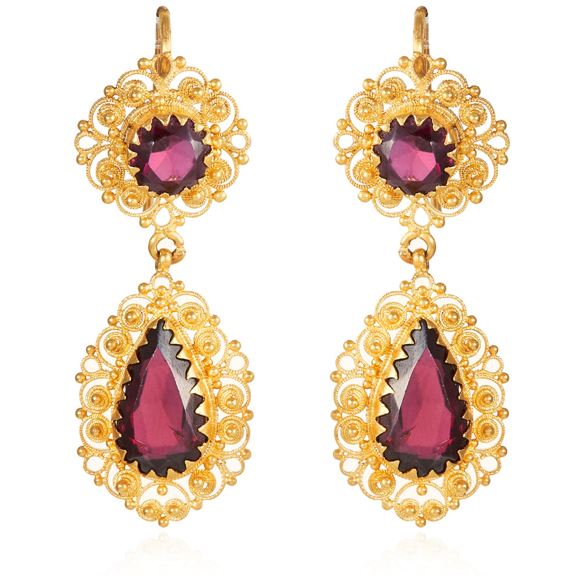 A PAIR OF ANTIQUE GARNET EARRINGS, 19TH CENTURY in high carat yellow gold, the pear and round cut