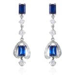 A PAIR OF SAPPHIRE AND DIAMOND EARRINGS in white gold or platinum, the step cut sapphires