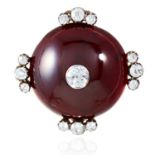 AN ANTIQUE GARNET AND DIAMOND BROOCH in high carat yellow gold, formed of a large cabochon garnet,