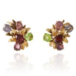 A PAIR OF GEMSET EARRINGS in yellow gold, set with various oval cut gems including garnet, peridot