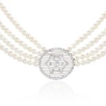 AN ANTIQUE PEARL AND DIAMOND NECKLACE in platinum or white gold, the four row pearl necklace with