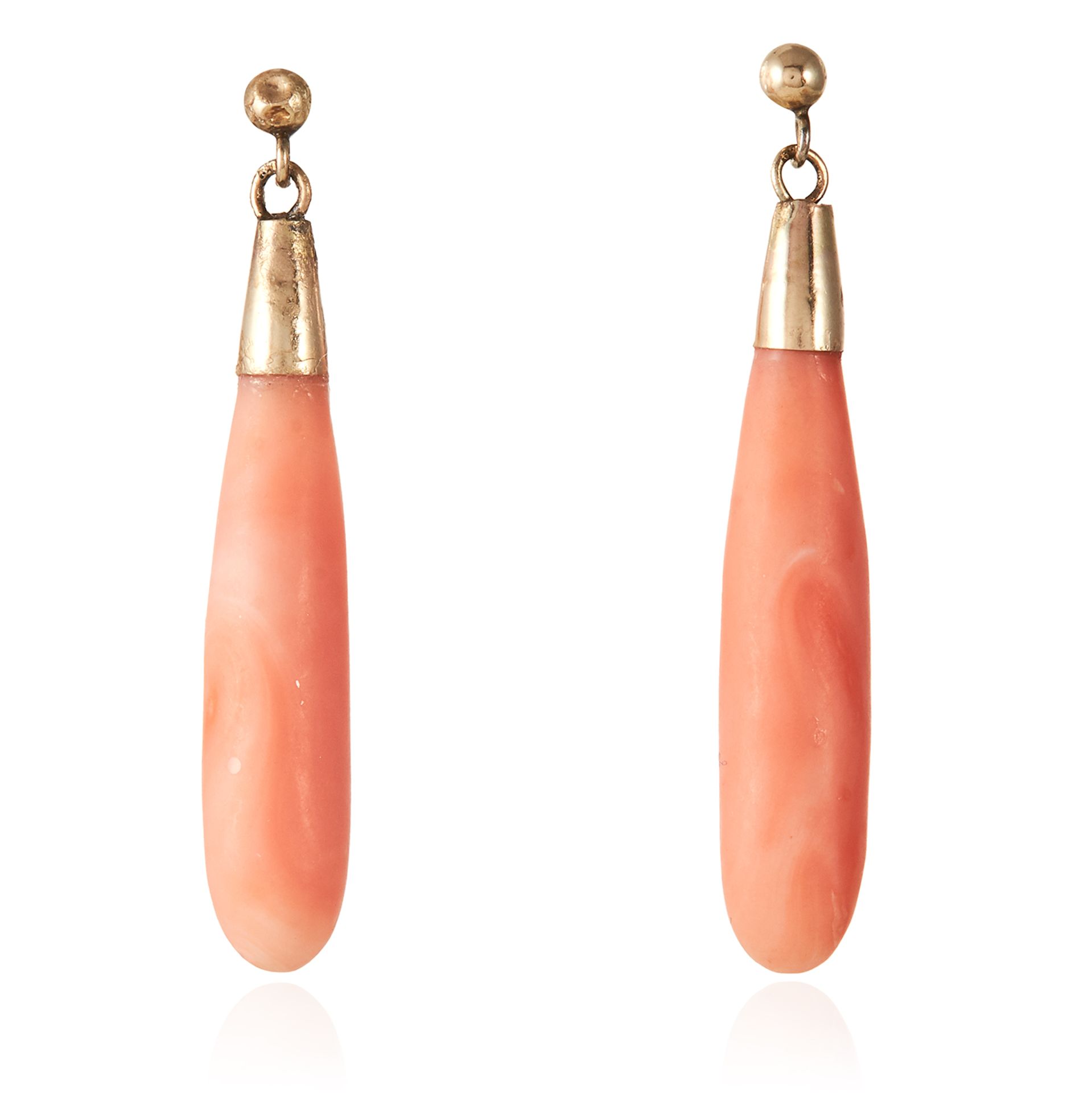 A PAIR OF CORAL EARRINGS in yellow gold, comprising of a polished coral briolette, marked