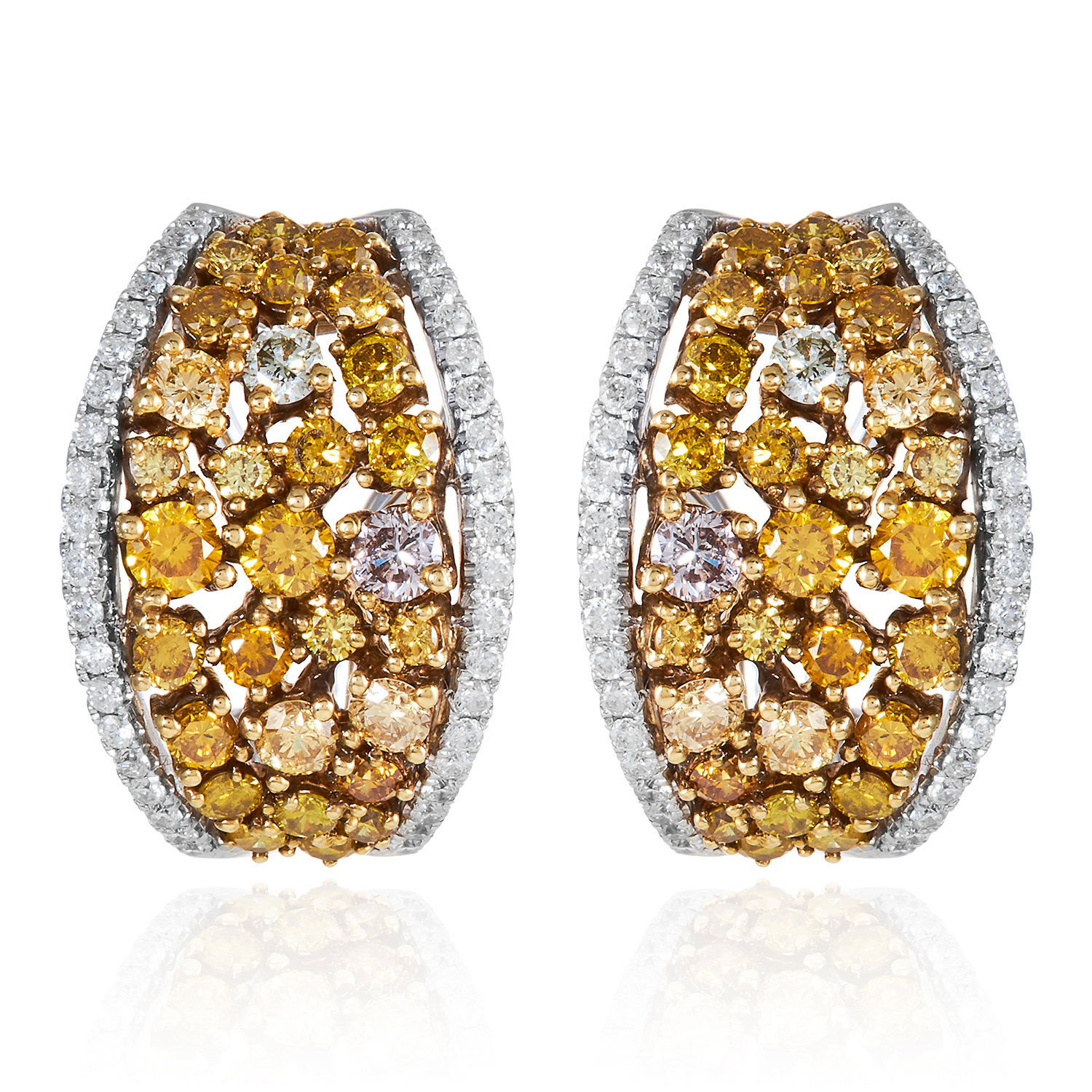 A PAIR OF YELLOW AND WHITE DIAMOND EARRINGS in 18ct white gold, jewelled with round cut yellow and