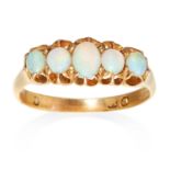 A FIVE STONE OPAL RING in yellow gold, set with five cabochon opals, marked indistinctly, size R /