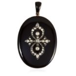 AN ONXY AND DIAMOND MOURNING PENDANT formed of a large polished onyx jewelled with rose cut diamonds