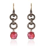 A PAIR OF BURMESE RUBY AND DIAMOND DROP EARRINGS in yellow gold, with rose cut diamond jewelled