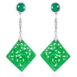 A PAIR OF JADE, EMERALD AND DIAMOND EARRINGS in 18ct white gold, the carved jade slabs suspended