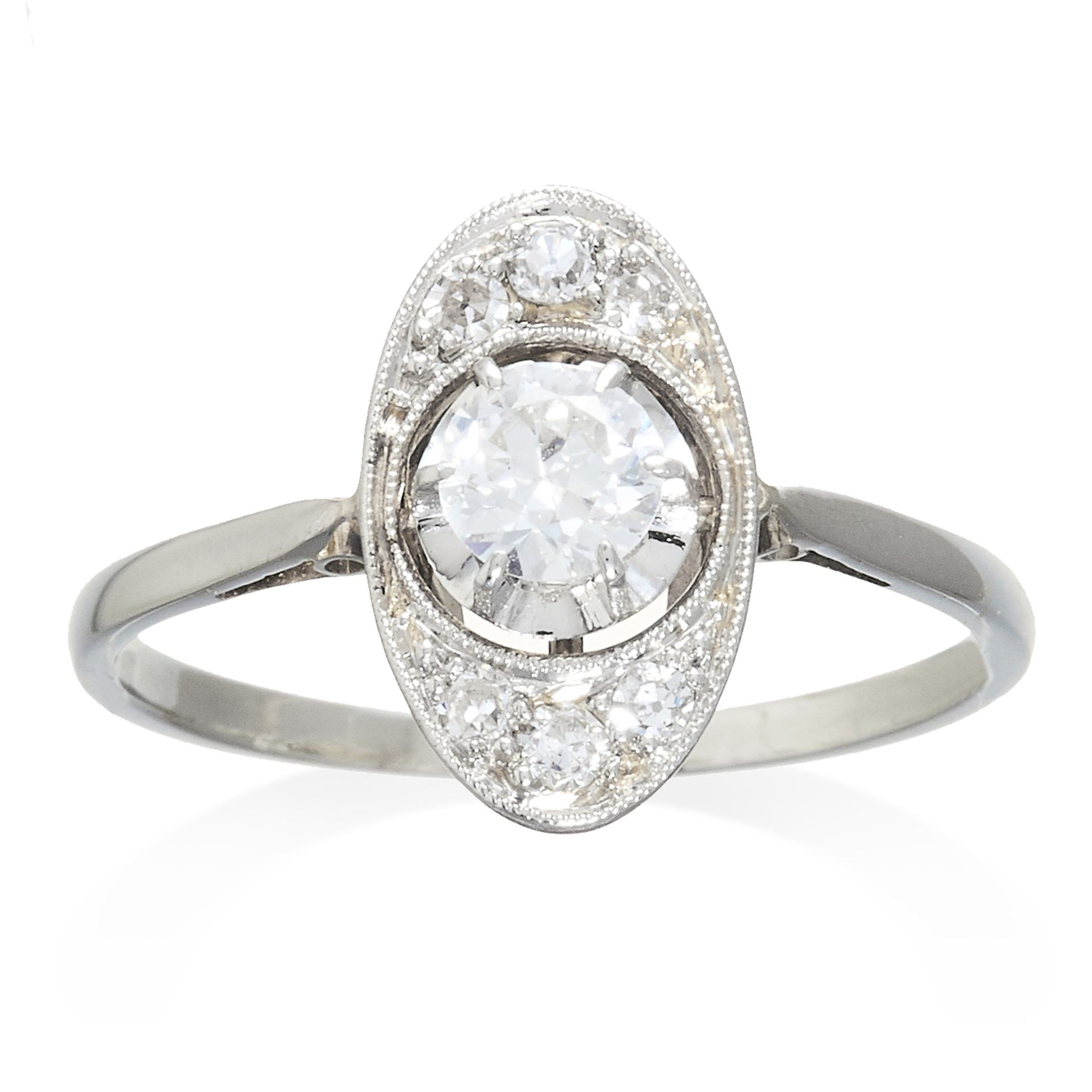 A DIAMOND DRESS RING in white gold or platinum, the marquise face jewelled with a central round