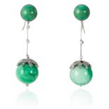 A PAIR OF JADEITE JADE AND DIAMOND EARRINGS in platinum or white gold, the jadeite beads and