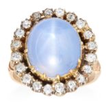 AN ANTIQUE CEYLON NO HEAT 18.40 CARAT STAR SAPPHIRE AND DIAMOND RING in 18ct yellow gold and silver,