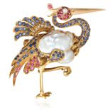 A NATURAL SALTWATER PEARL, DIAMOND, SAPPHIRE AND RUBY BIRD BROOCH in high carat yellow gold,