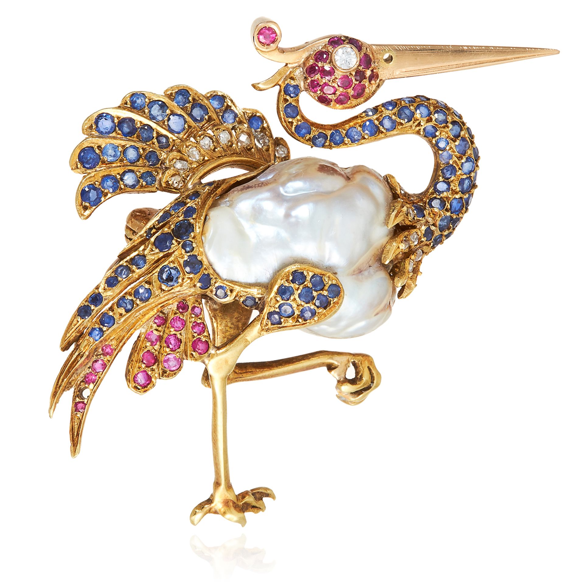 A NATURAL SALTWATER PEARL, DIAMOND, SAPPHIRE AND RUBY BIRD BROOCH in high carat yellow gold,