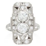 AN ART DECO DIAMOND RING CIRCA 1940 in platinum or white gold, set with two round cut diamonds of